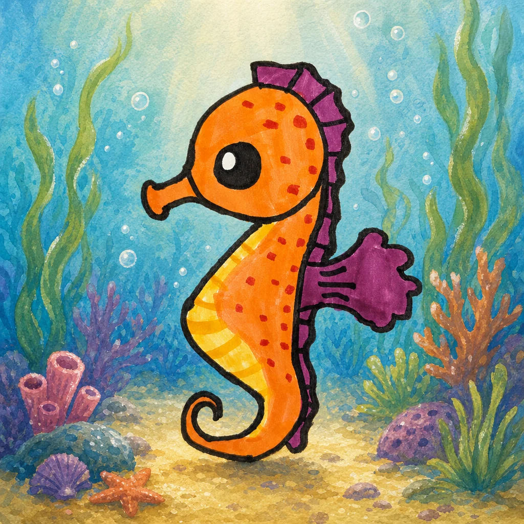Storybook illustration based on Weston's Sunny Seahorse